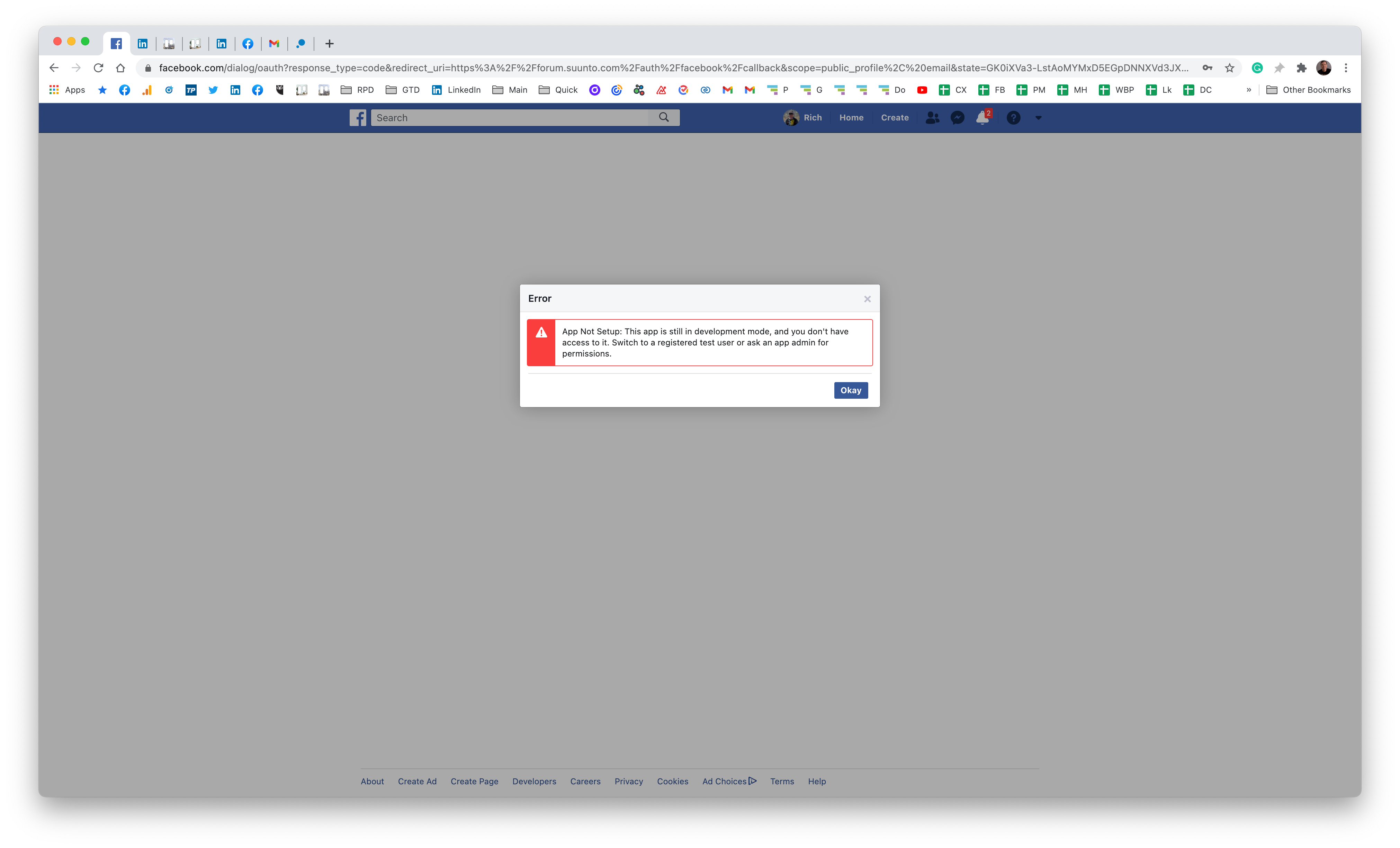 Facebook error App not setup still in development mode